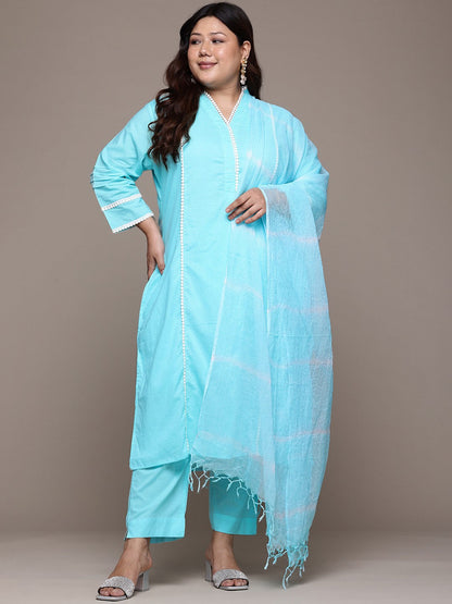 Straight Style Cotton Fabric Blue Color Kurta With Bottom And Dupatta