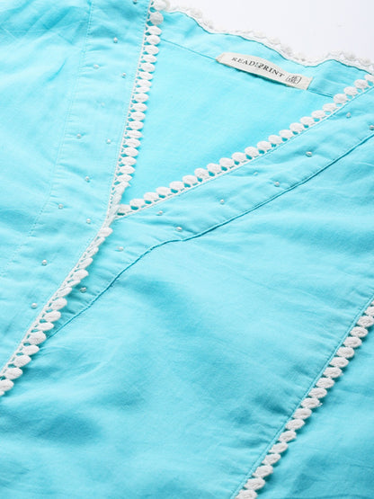 Straight Style Cotton Fabric Blue Color Kurta With Bottom And Dupatta