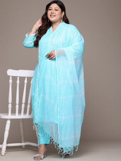 Straight Style Cotton Fabric Blue Color Kurta With Bottom And Dupatta