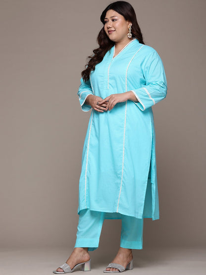 Straight Style Cotton Fabric Blue Color Kurta With Bottom And Dupatta