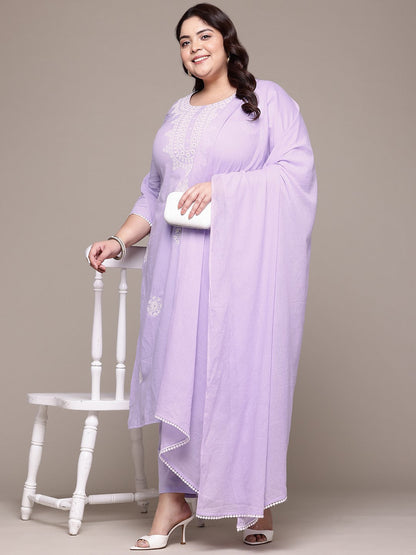 Straight Style Cotton Fabric Lavender Color Kurta With Bottom And Dupatta