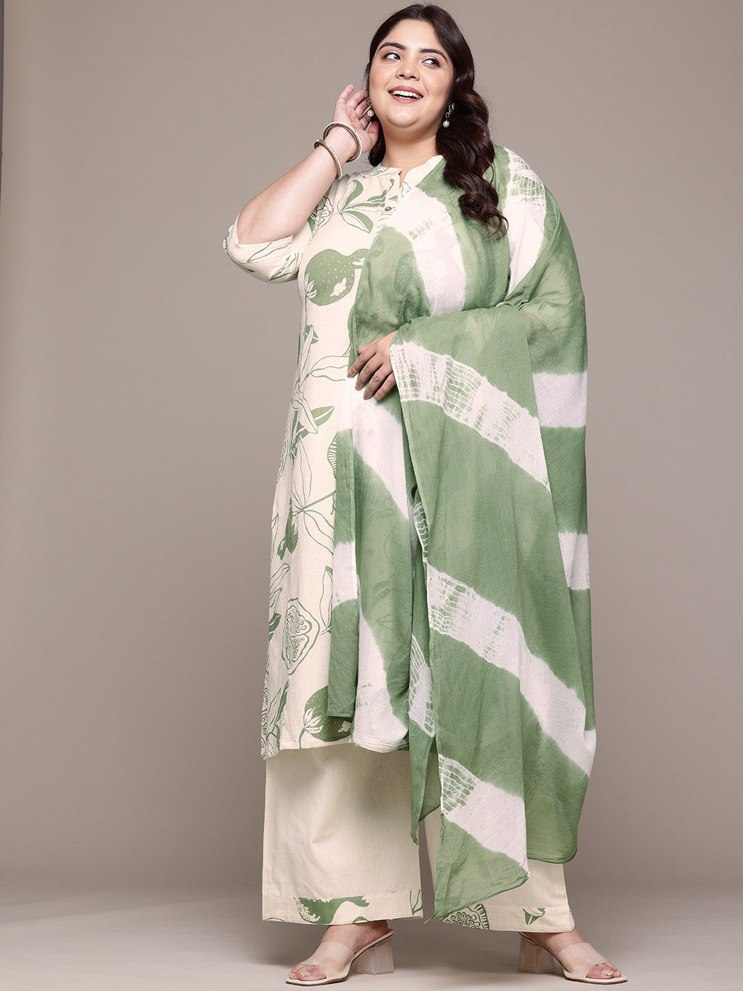 A Line Style Cotton Fabric Green Color Kurta With Bottom And Dupatta