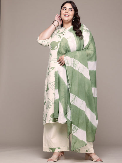 A Line Style Cotton Fabric Green Color Kurta With Bottom And Dupatta