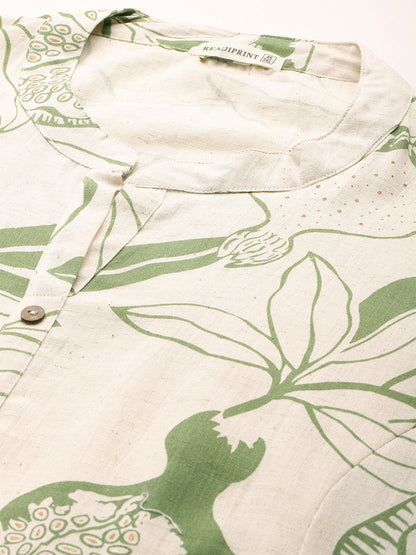 A Line Style Cotton Fabric Green Color Kurta With Bottom And Dupatta