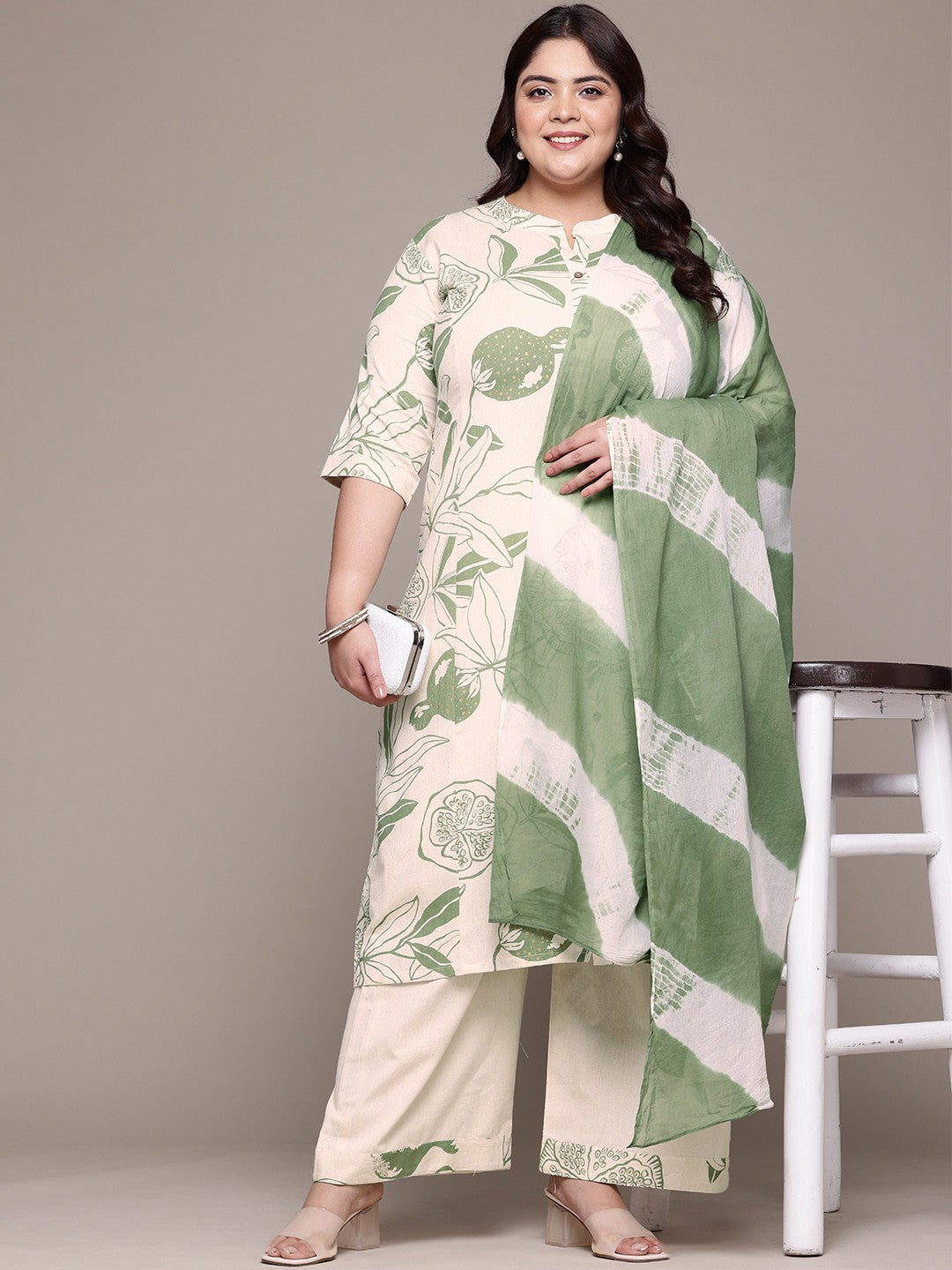 A Line Style Cotton Fabric Green Color Kurta With Bottom And Dupatta