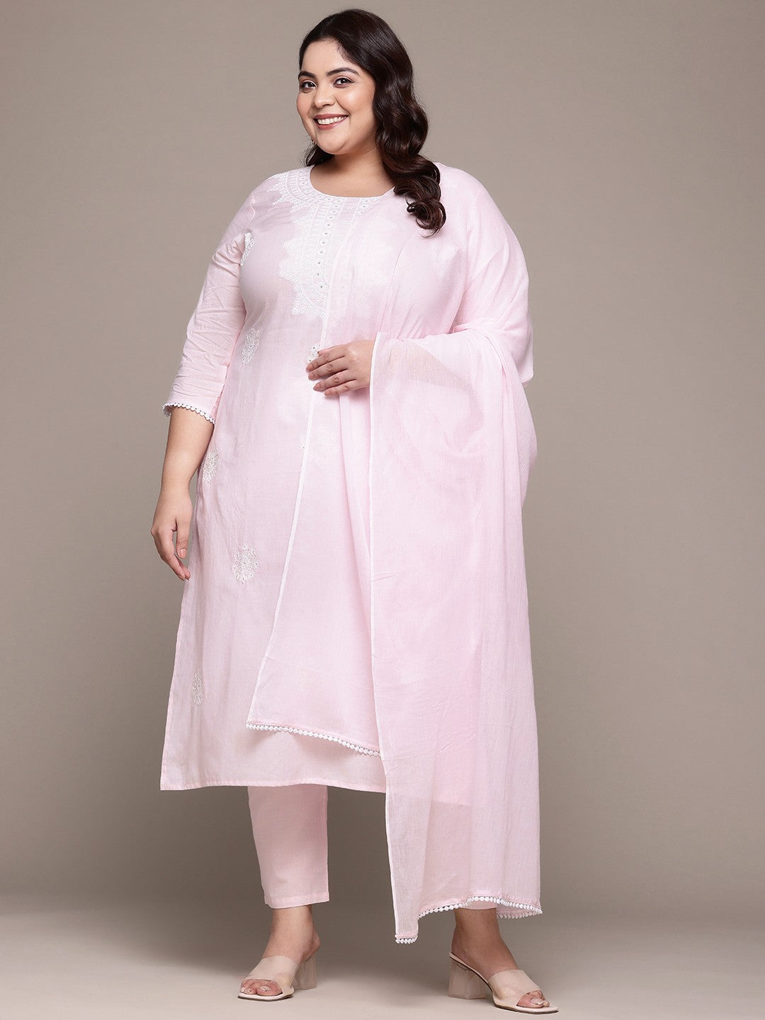 Straight Style Cotton Fabric Pink Color Kurta With Bottom And Dupatta