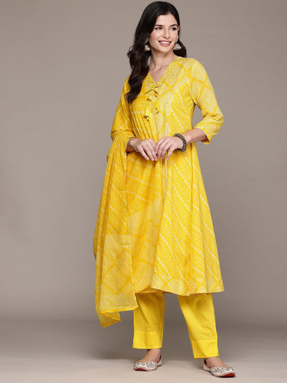A Line Style Cotton Fabric Yellow Color Kurta And Bottom With Dupatta