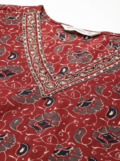 Straight Style Cotton Fabric Maroon Color Kurta And Bottom With Dupatta