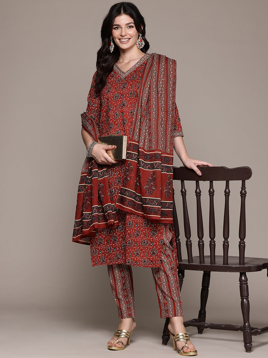 Straight Style Cotton Fabric Maroon Color Kurta And Bottom With Dupatta