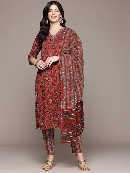 Straight Style Cotton Fabric Maroon Color Kurta And Bottom With Dupatta