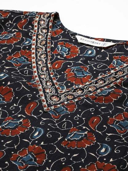 Straight Style Cotton Fabric Black Color Kurta And Bottom With Dupatta