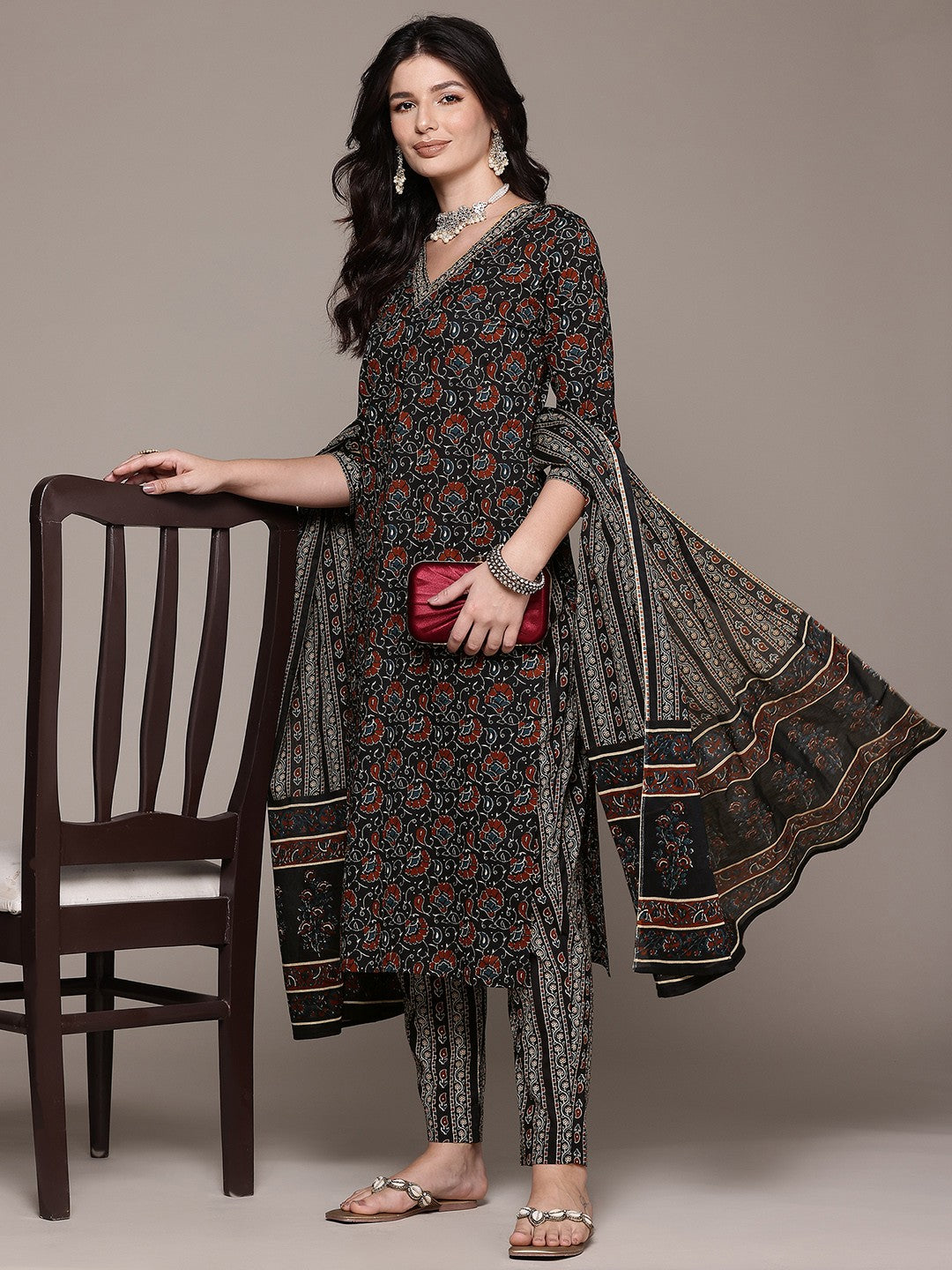 Straight Style Cotton Fabric Black Color Kurta And Bottom With Dupatta