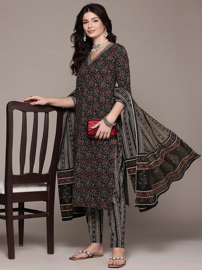 Straight Style Cotton Fabric Black Color Kurta And Bottom With Dupatta