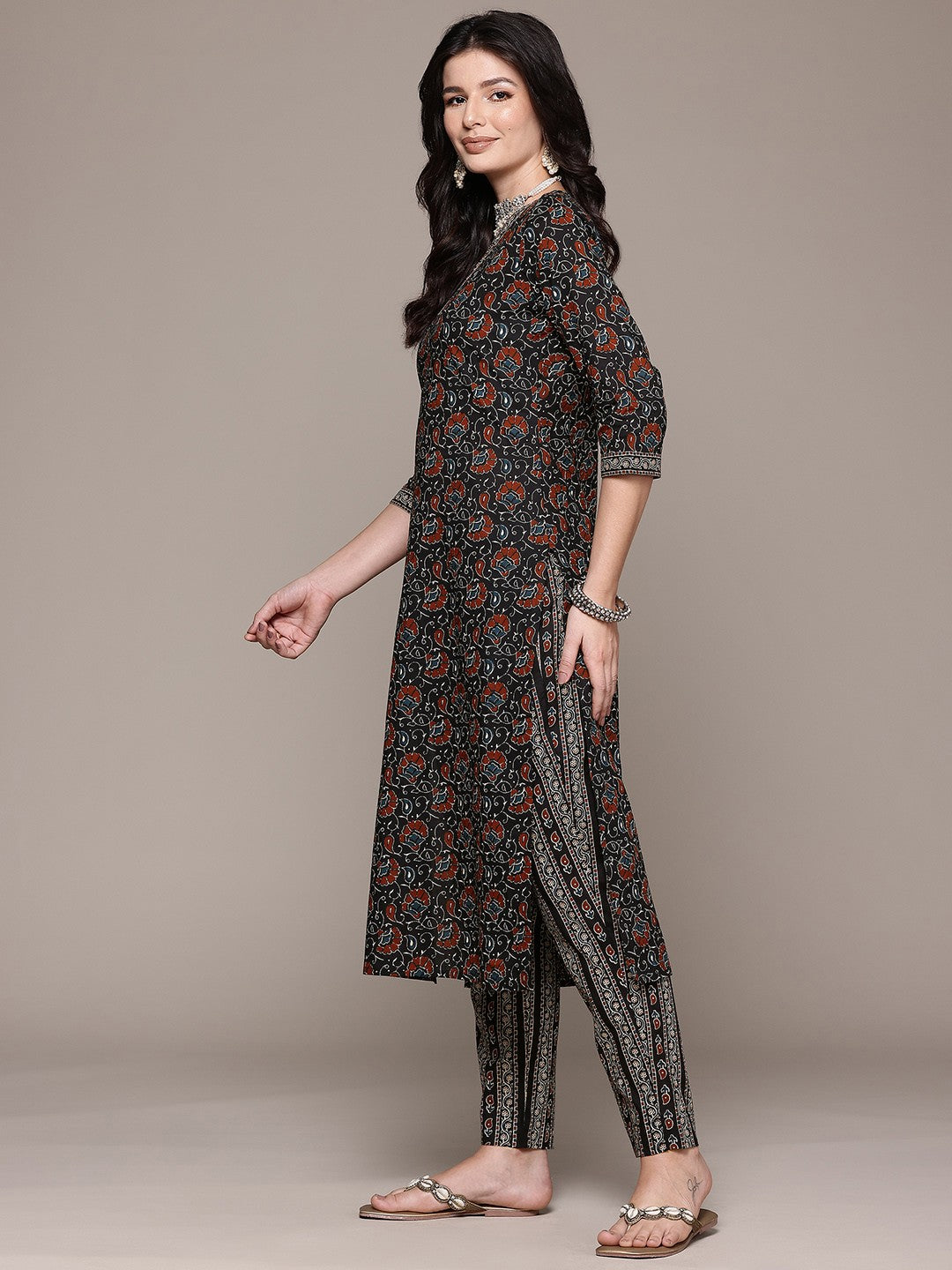 Straight Style Cotton Fabric Black Color Kurta And Bottom With Dupatta