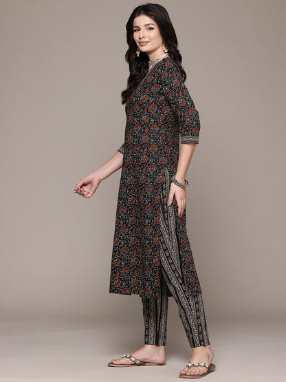 Straight Style Cotton Fabric Black Color Kurta And Bottom With Dupatta
