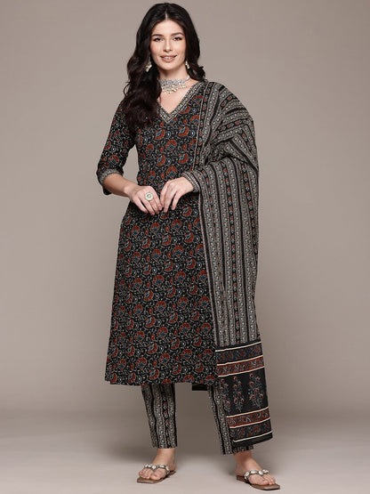 Straight Style Cotton Fabric Black Color Kurta And Bottom With Dupatta