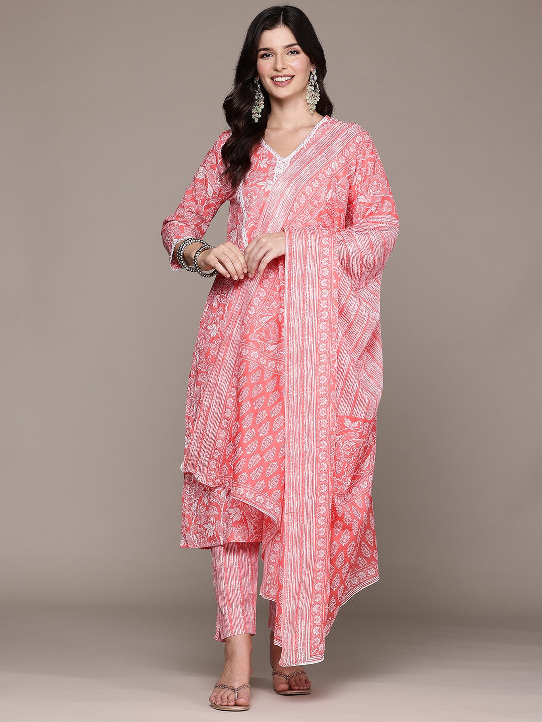 Straight Style Cotton Fabric Peach Color Kurta And Bottom With Dupatta