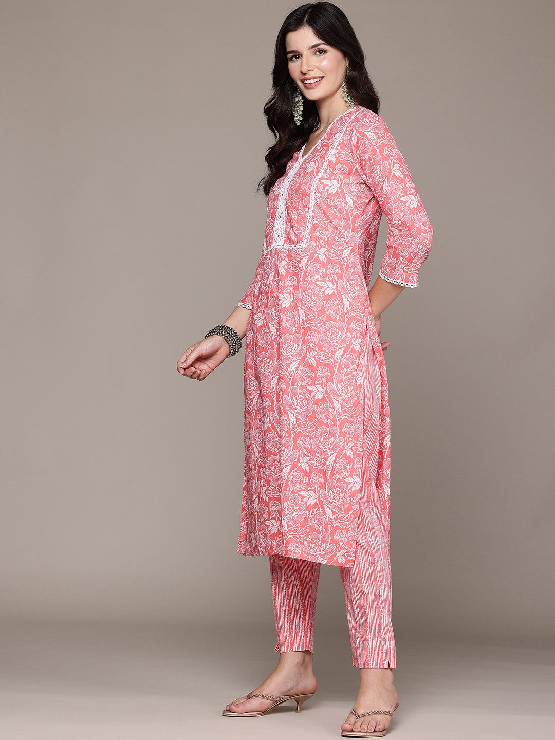 Straight Style Cotton Fabric Peach Color Kurta And Bottom With Dupatta