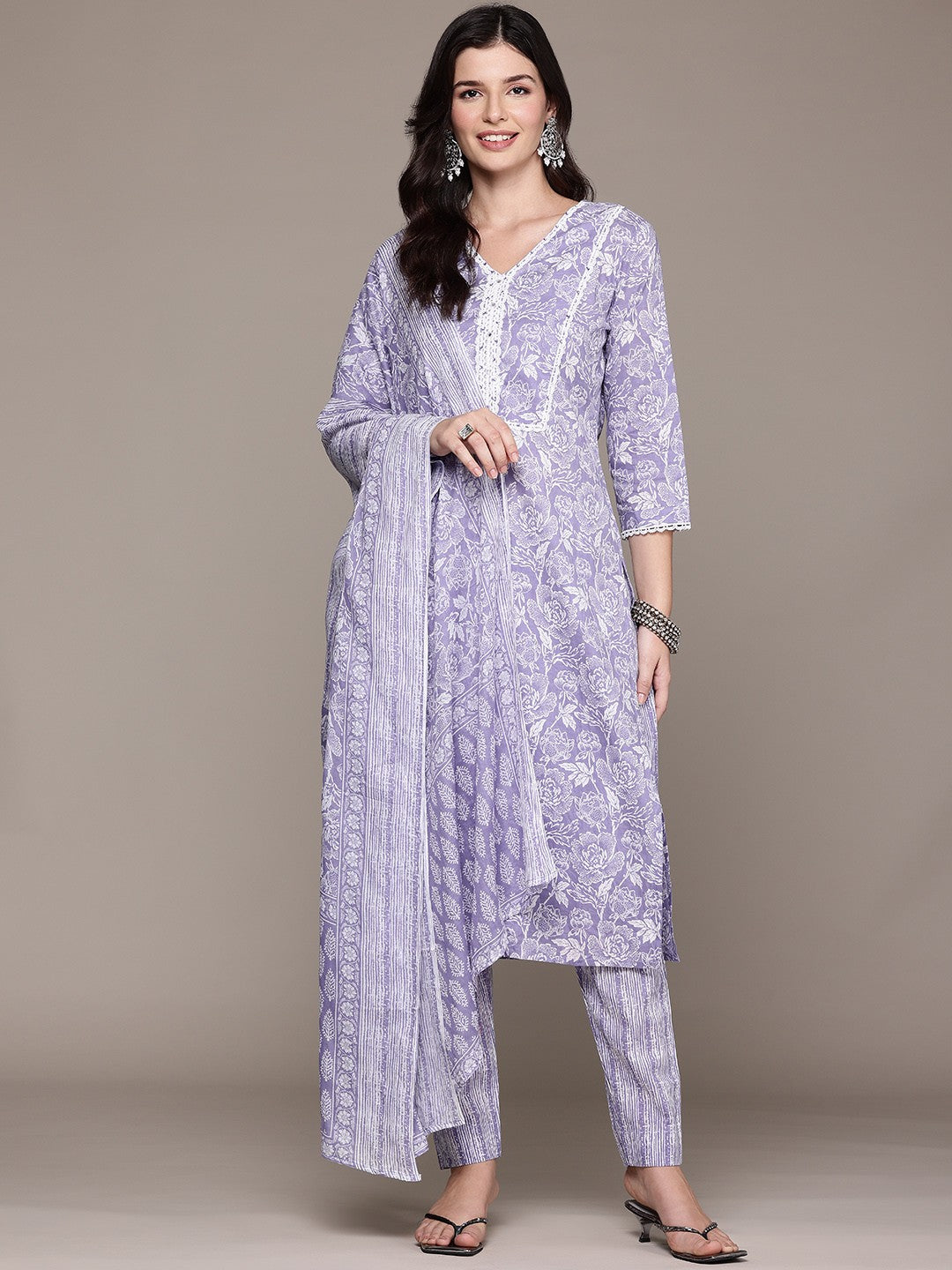 Straight Style Cotton Fabric Lavender Color Kurta And Bottom With Dupatta