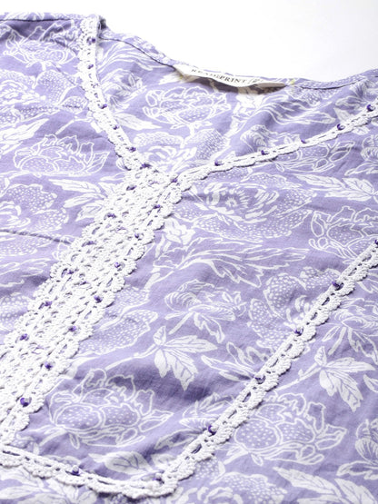 Straight Style Cotton Fabric Lavender Color Kurta And Bottom With Dupatta