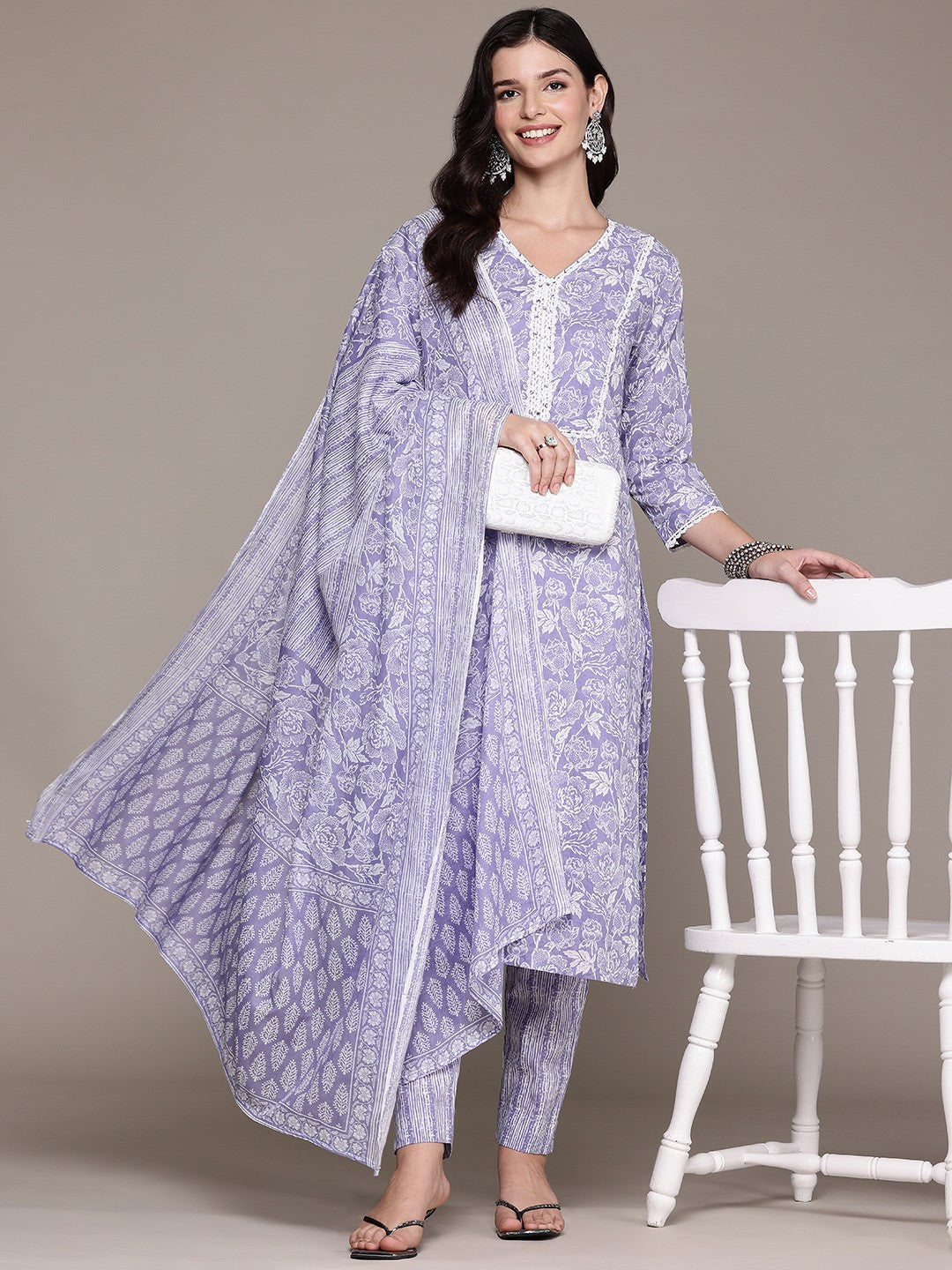 Straight Style Cotton Fabric Lavender Color Kurta And Bottom With Dupatta
