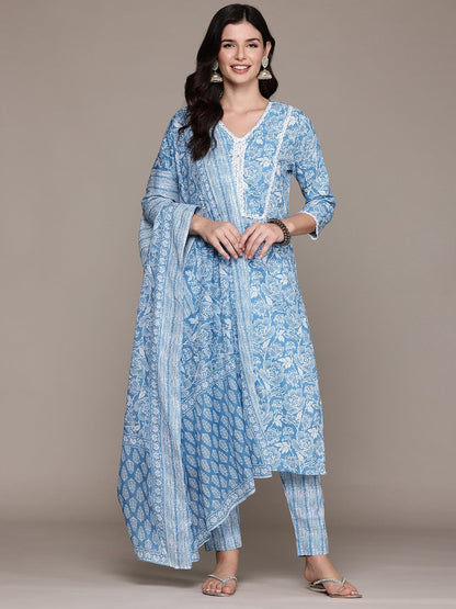 Straight Style Cotton Fabric Blue Color Kurta And Bottom With Dupatta