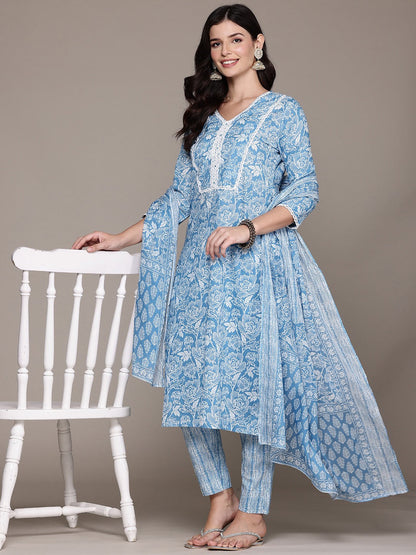 Straight Style Cotton Fabric Blue Color Kurta And Bottom With Dupatta