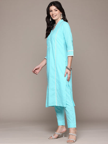 Straight Style Cotton Fabric Blue Color Kurta And Bottom With Dupatta