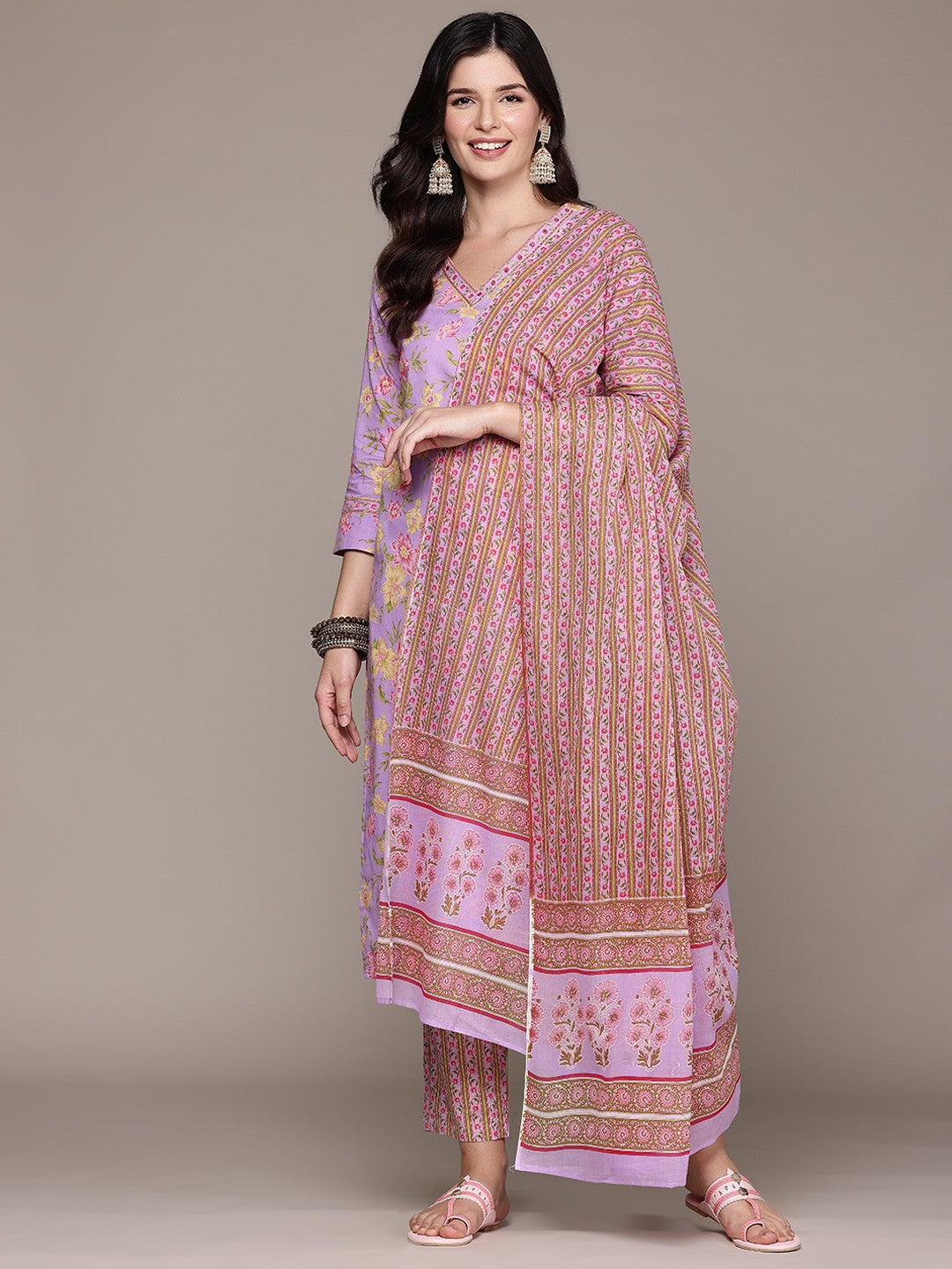 Straight Style Cotton Fabric Lavender Color Kurta And Bottom With Dupatta