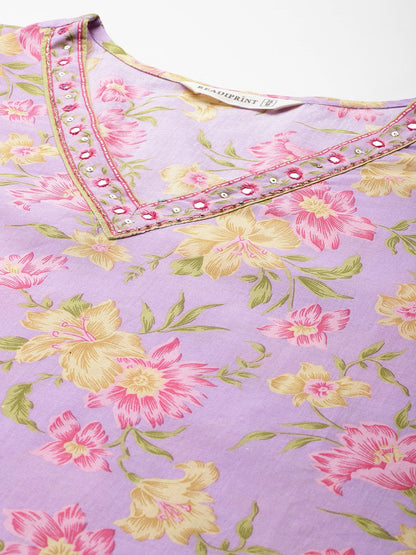 Straight Style Cotton Fabric Lavender Color Kurta And Bottom With Dupatta