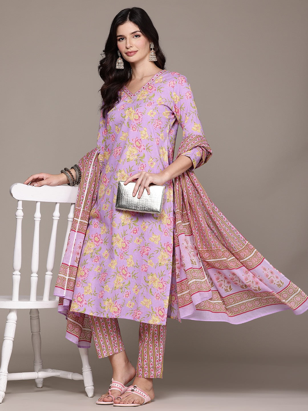 Straight Style Cotton Fabric Lavender Color Kurta And Bottom With Dupatta