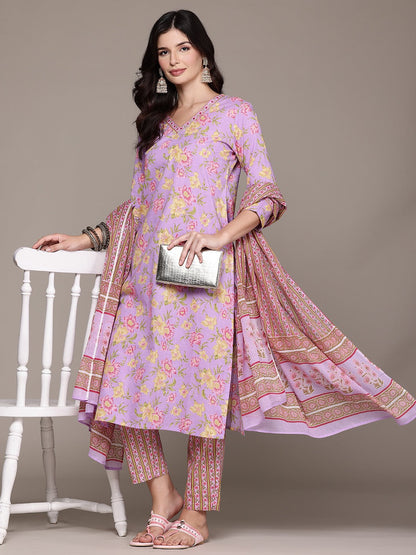 Straight Style Cotton Fabric Lavender Color Kurta And Bottom With Dupatta
