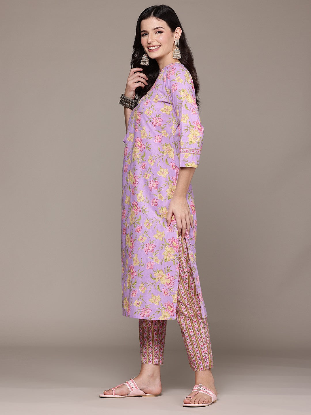 Straight Style Cotton Fabric Lavender Color Kurta And Bottom With Dupatta