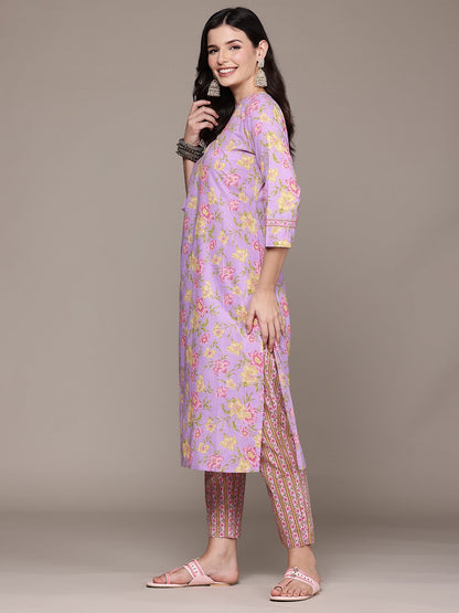 Straight Style Cotton Fabric Lavender Color Kurta And Bottom With Dupatta