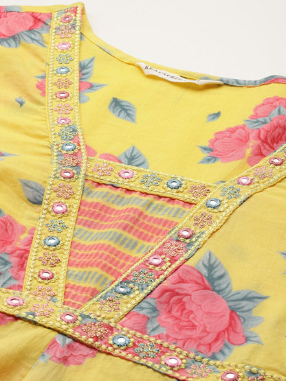 Anarkali Style Cotton Fabric Yellow Color Kurta And Bottom With Dupatta