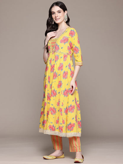 Anarkali Style Cotton Fabric Yellow Color Kurta And Bottom With Dupatta