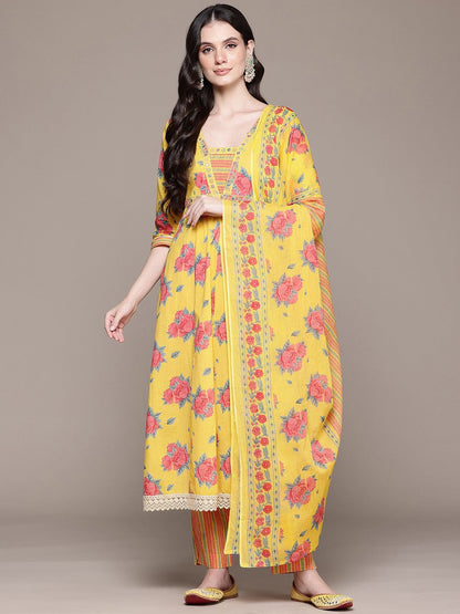 Anarkali Style Cotton Fabric Yellow Color Kurta And Bottom With Dupatta