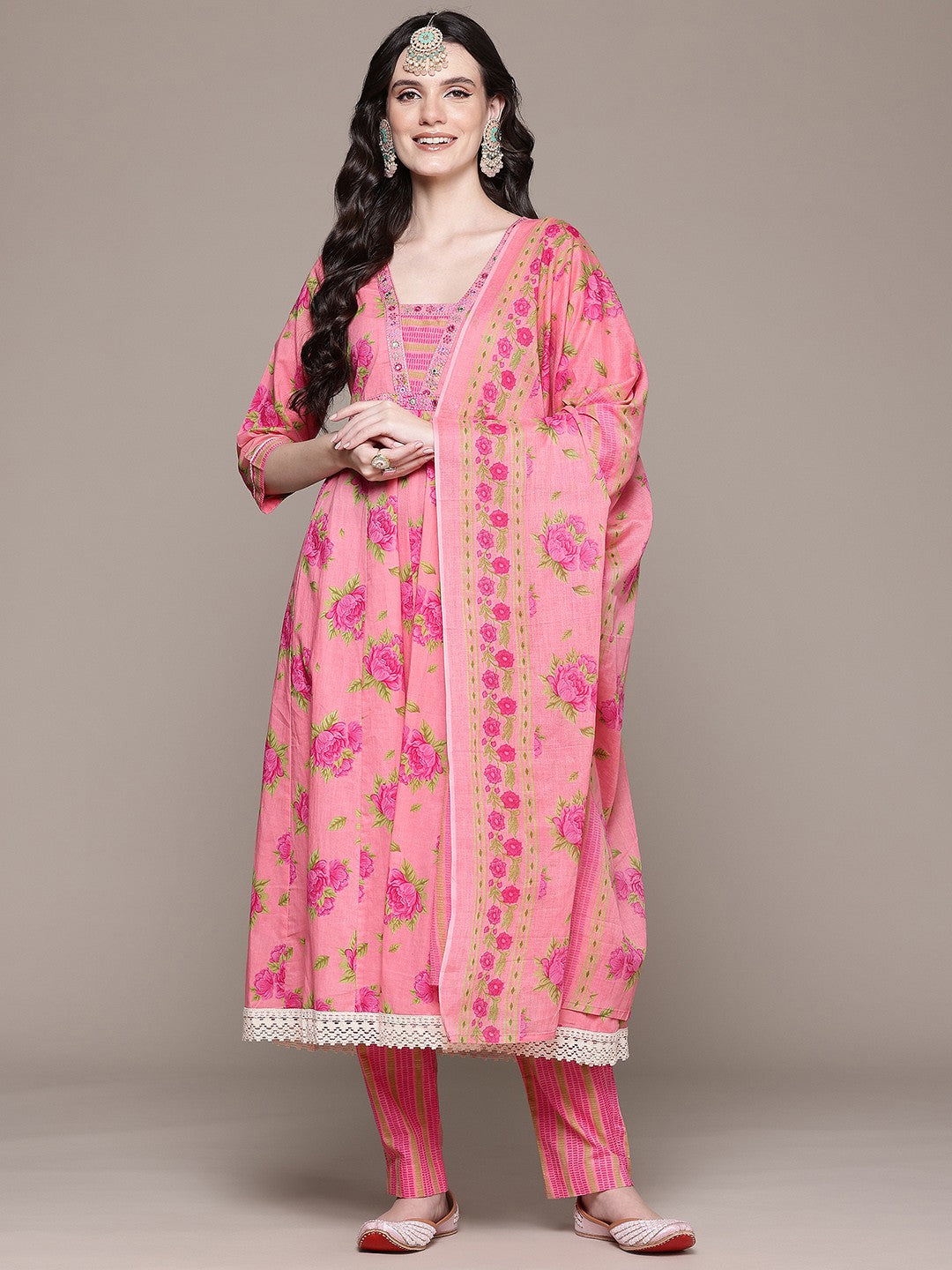 Anarkali Style Cotton Fabric Pink Color Kurta And Bottom With Dupatta