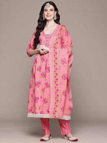 Anarkali Style Cotton Fabric Pink Color Kurta And Bottom With Dupatta