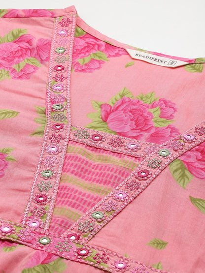 Anarkali Style Cotton Fabric Pink Color Kurta And Bottom With Dupatta