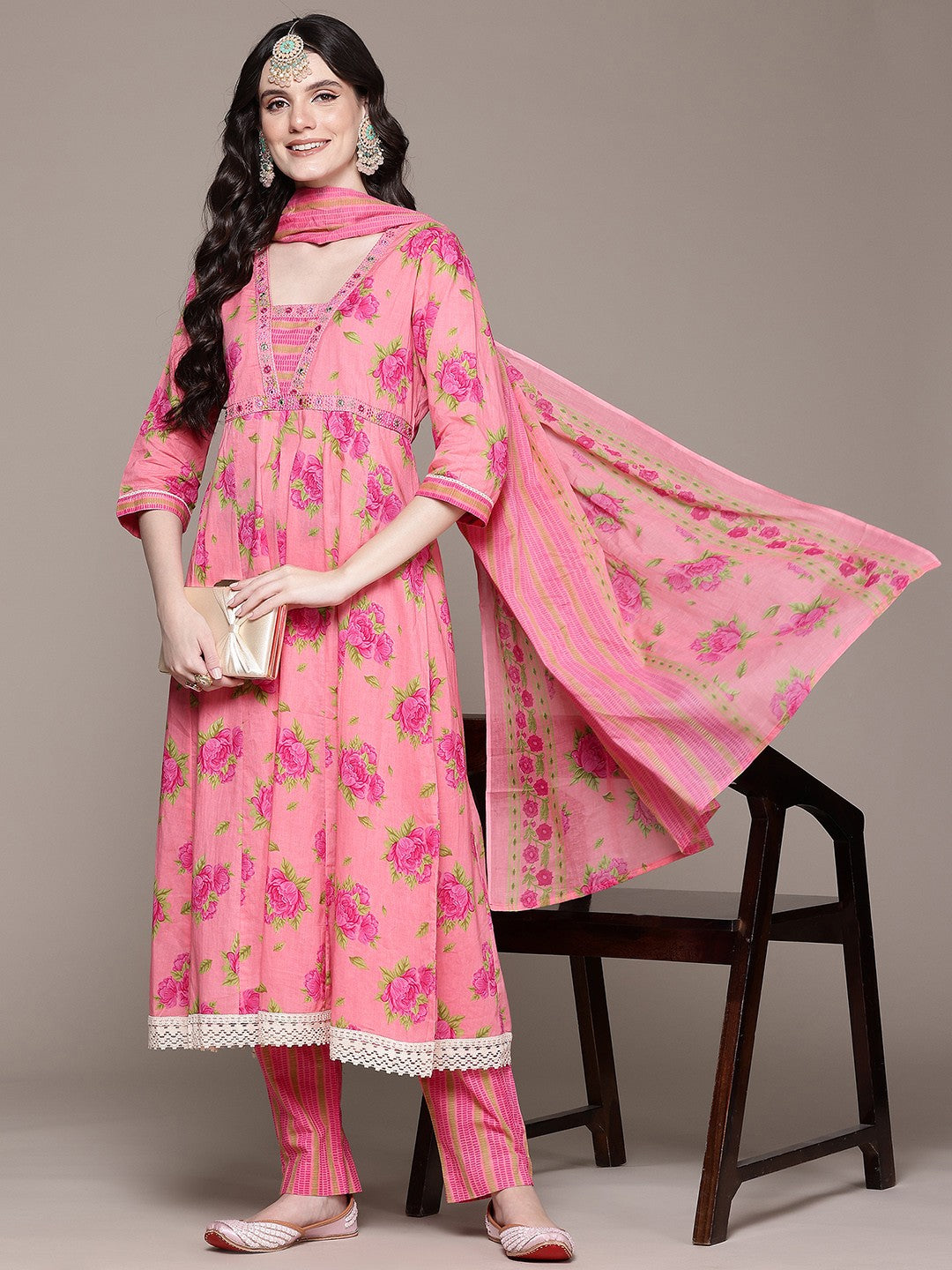 Anarkali Style Cotton Fabric Pink Color Kurta And Bottom With Dupatta