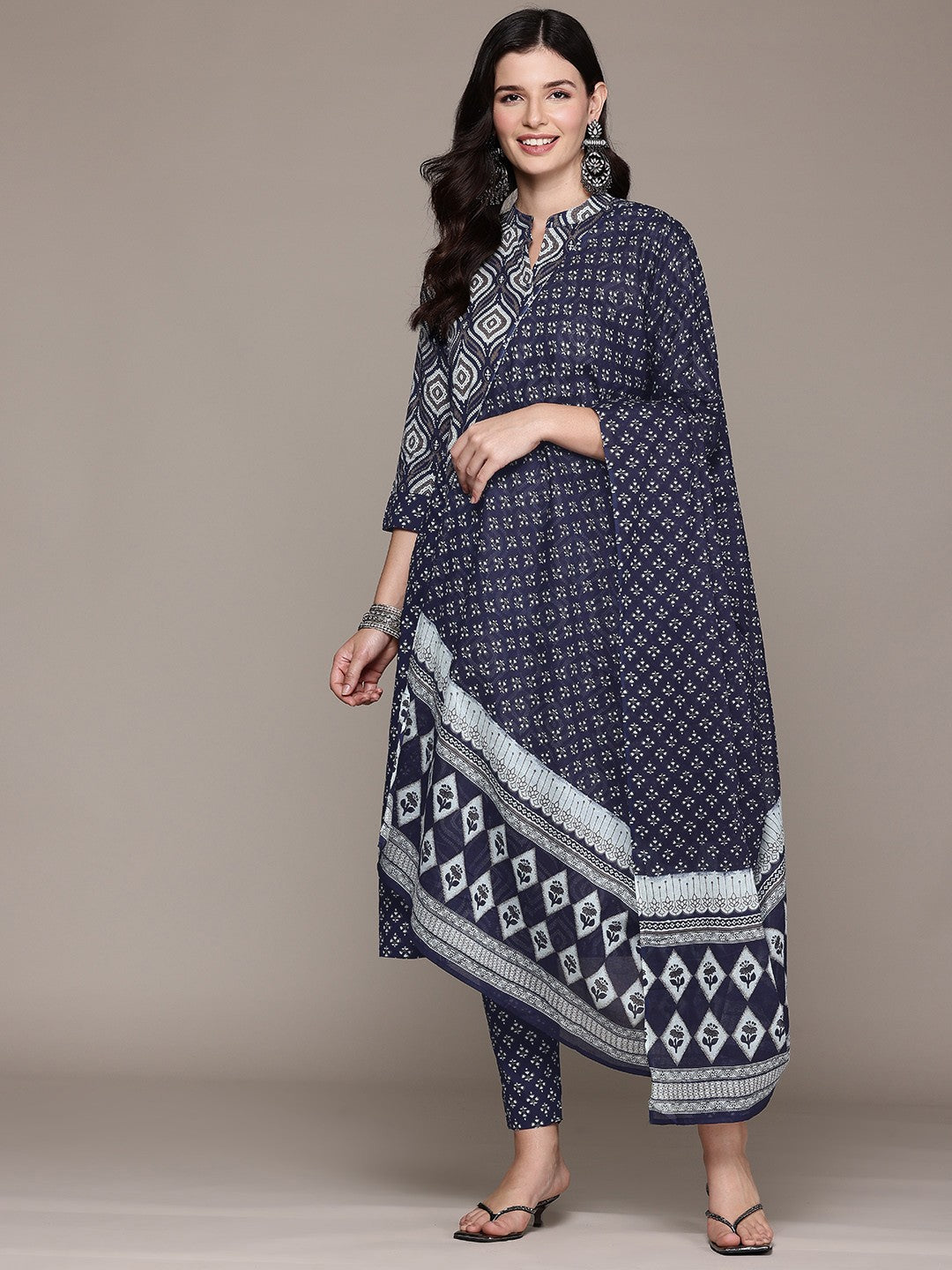 A Line Style Cotton Fabric Black Color Kurta And Bottom With Dupatta