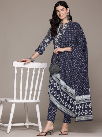 A Line Style Cotton Fabric Black Color Kurta And Bottom With Dupatta