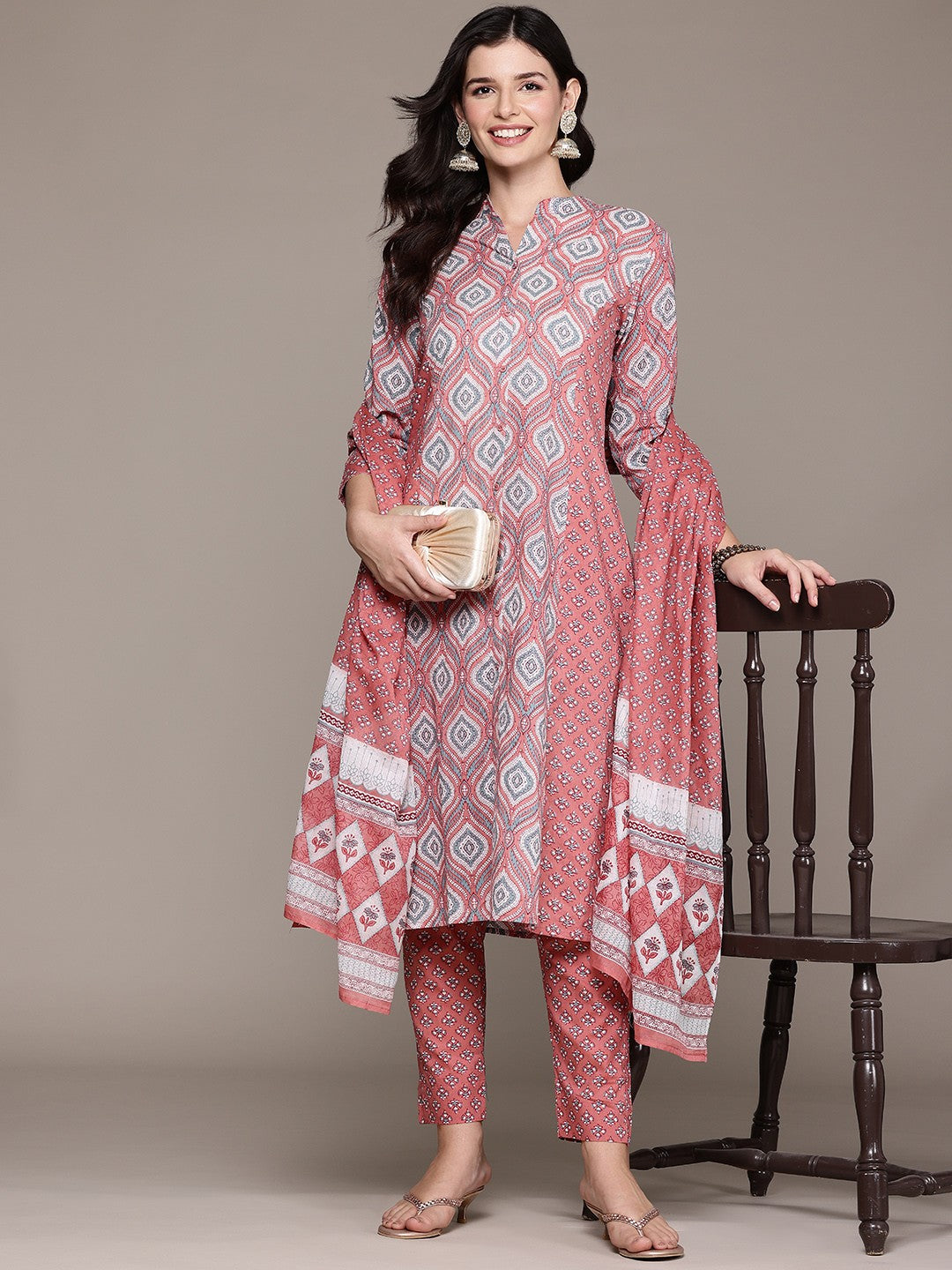A Line Style Cotton Fabric Peach Color Kurta And Bottom With Dupatta