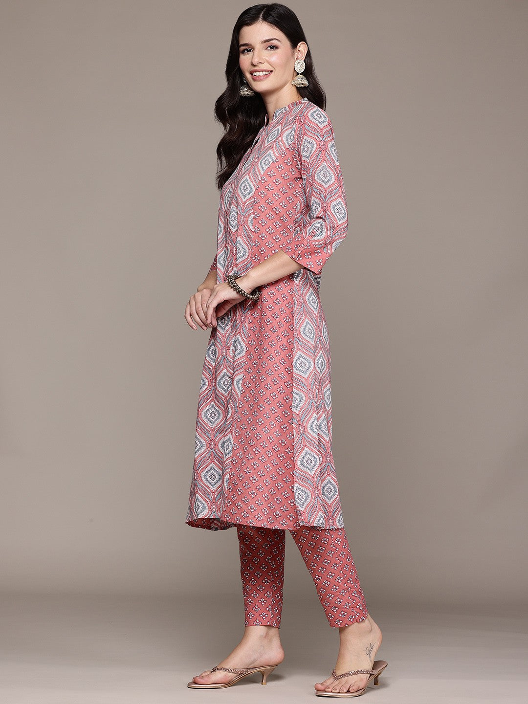 A Line Style Cotton Fabric Peach Color Kurta And Bottom With Dupatta