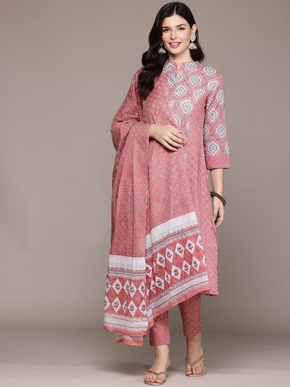 A Line Style Cotton Fabric Peach Color Kurta And Bottom With Dupatta