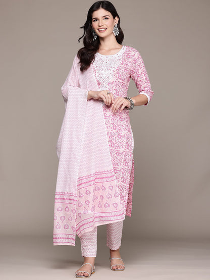 Straight Style Cotton Fabric Pink Color Kurta And Bottom With Dupatta