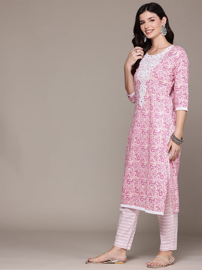 Straight Style Cotton Fabric Pink Color Kurta And Bottom With Dupatta