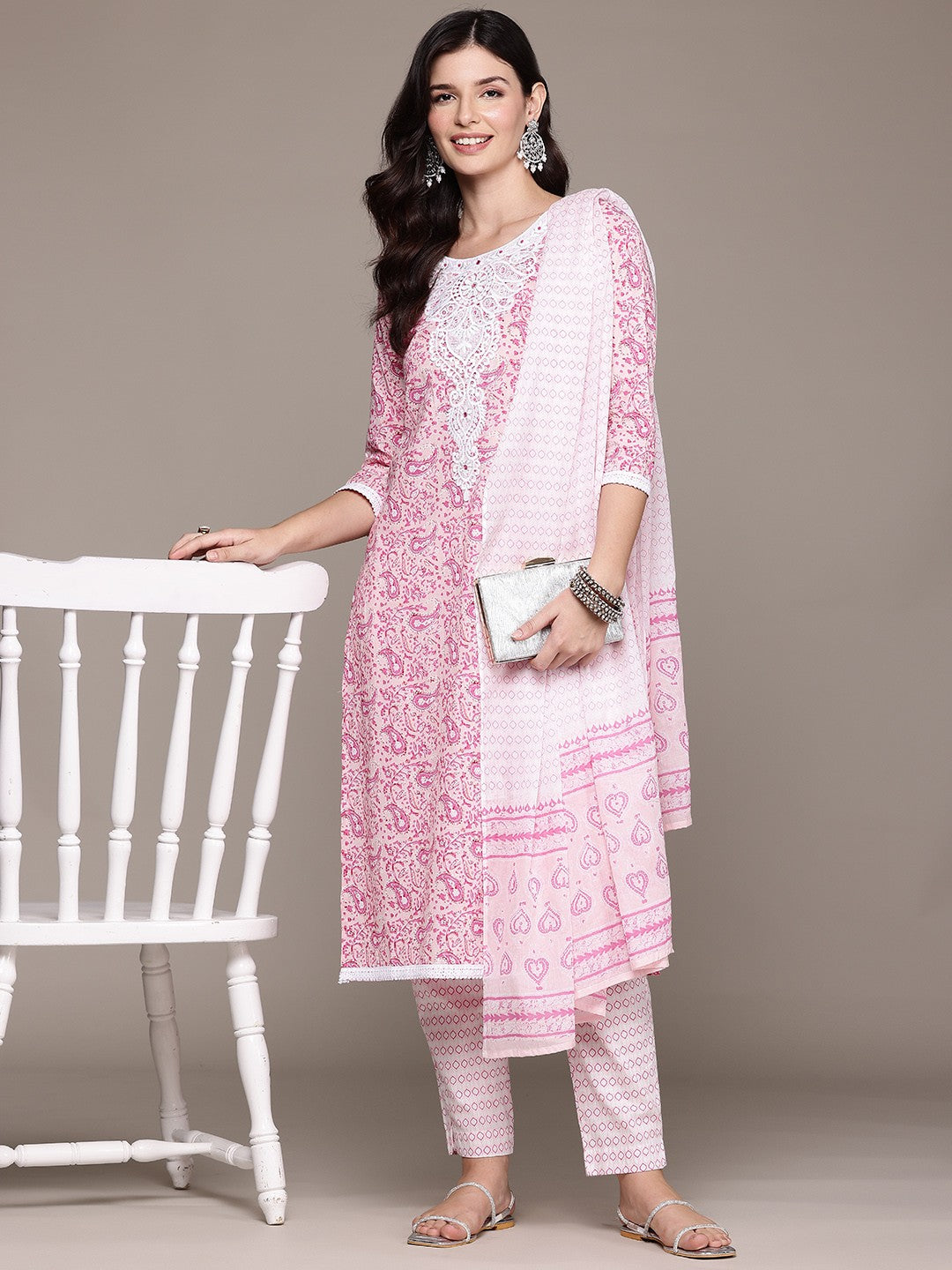 Straight Style Cotton Fabric Pink Color Kurta And Bottom With Dupatta