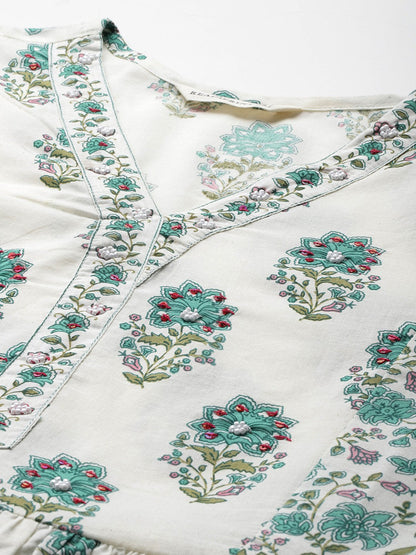 Frock Style Cotton Fabric Sea Green Color Kurta And Bottom With Dupatta